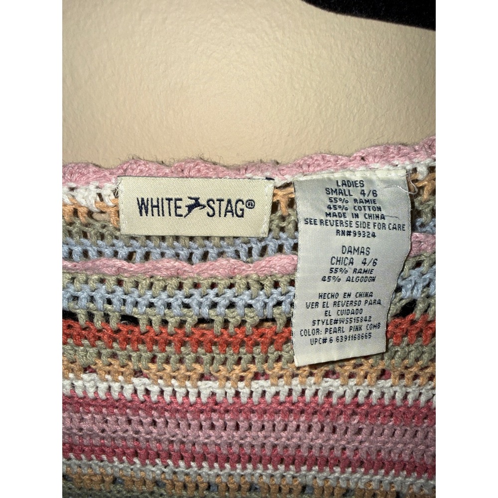 Cottagecore Women Crochet Floral Stripe Sweater Pink Sage Pearl Small Hippie Y2K - Picture 4 of 5